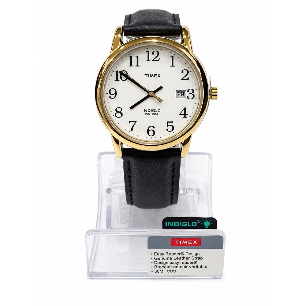 Timex Easy Reader Men's Gold Tone Watch White Dial Black Leather Band Date - Picture 1 of 10